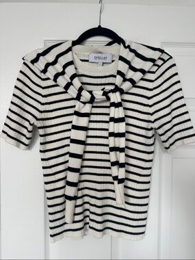 10 Crosby Derek Lam Black and White Striped Knit Top with Shoulder Tie